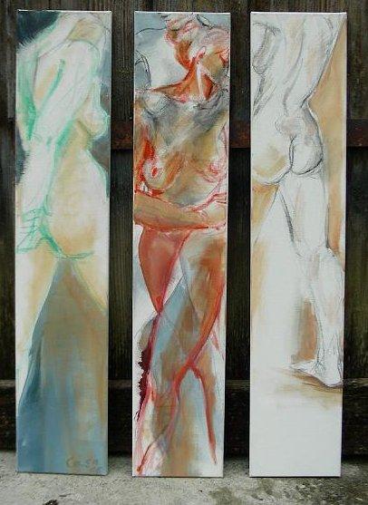 voruebergehen-triptychon.JPG - 100x25 cm x 3, Acryl und Kreide auf Leinwand